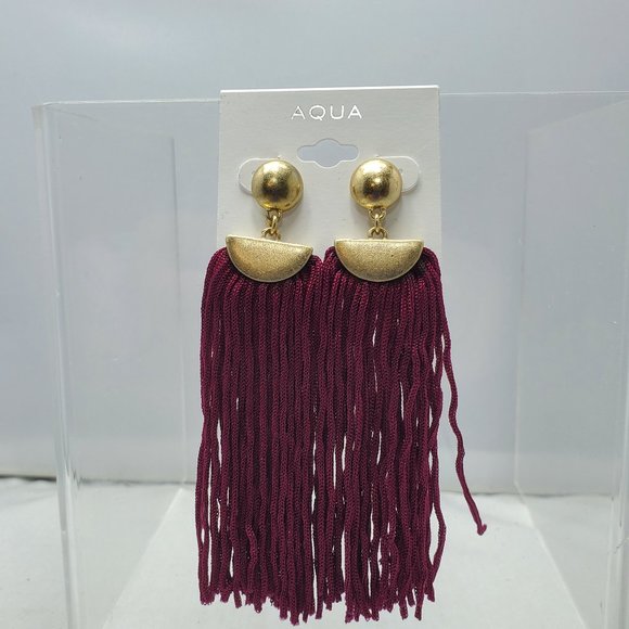 AQUA BURGUNDY FRINGE TASSEL PIERCED EARRING GOLD TOP - Picture 2 of 6